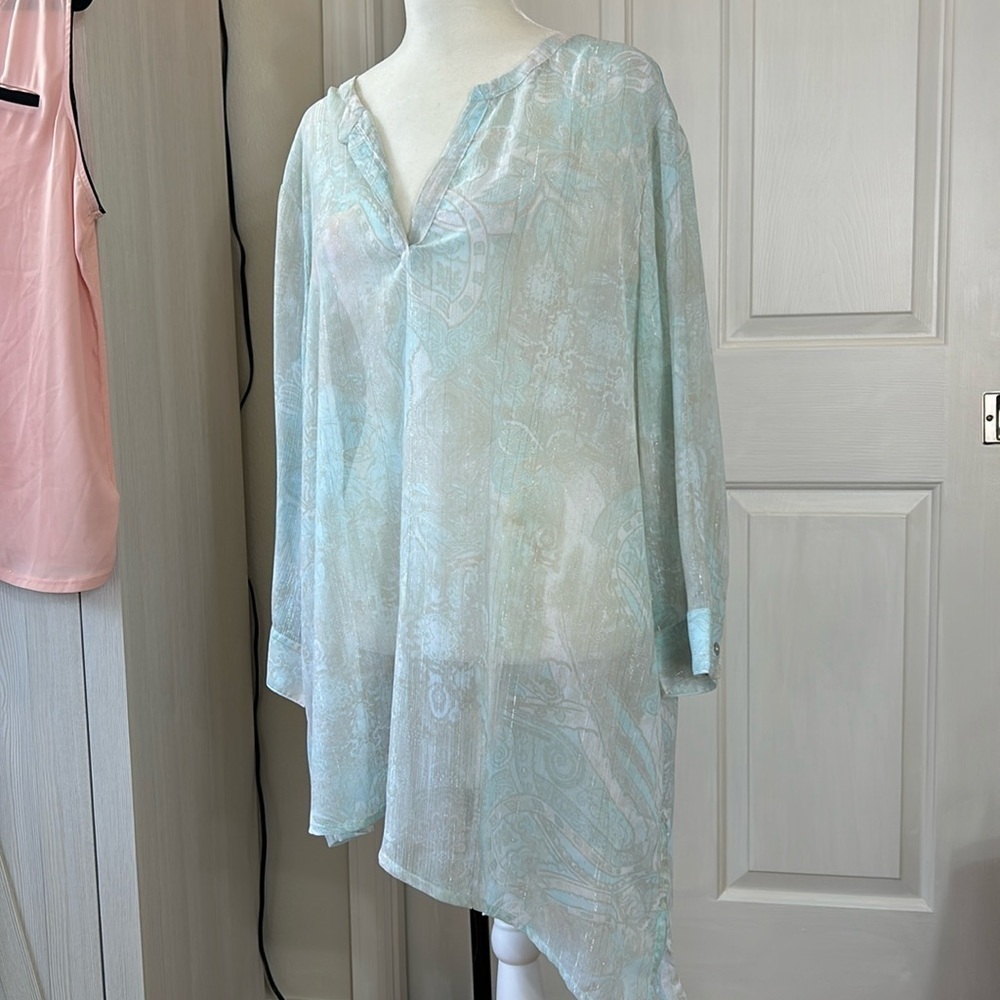 Chico’s Seafoam Blouse NWT | Size 3 | Silver Shimmer Linen-Look Tunic